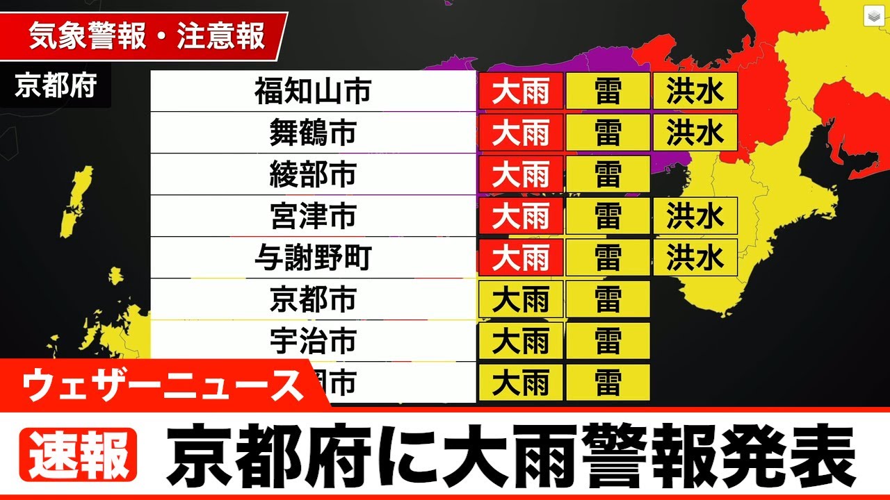 京都府に大雨警報発表 Youtube