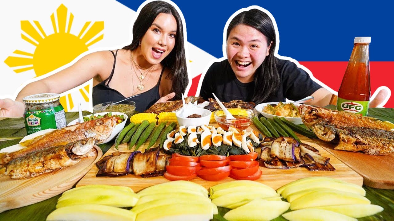 Foreigners Try Filipino Food! PRITONG ISDA, MANGGA, BAGOONG!  Philippines Food KAMAYAN Boodle Fight