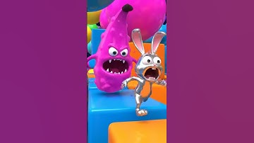 Funny 3D Animation of a Scary Pink Banana Monster Chasing a Terrified Silver Bunny in a Colorful