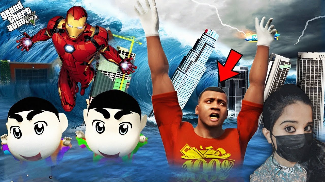 Franklin Surviving Tsunami with Shinchan & Pin chan (Saved by Iron Man) - GTA 5 #100