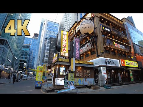 Gangnam food alley in wintertime. Walking Tour Seoul Korea 4K UHD