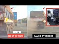 Live  maut    unbelievable accident car saved by inches from getting crushed bw trucks