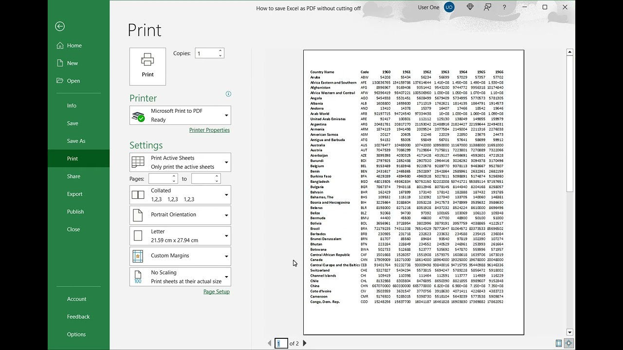 How do I convert an Excel spreadsheet to PDF without cutting it off?