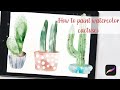 How to paint watercolor cactus in Procreate - digital tutorial on iPad for beginners step by step