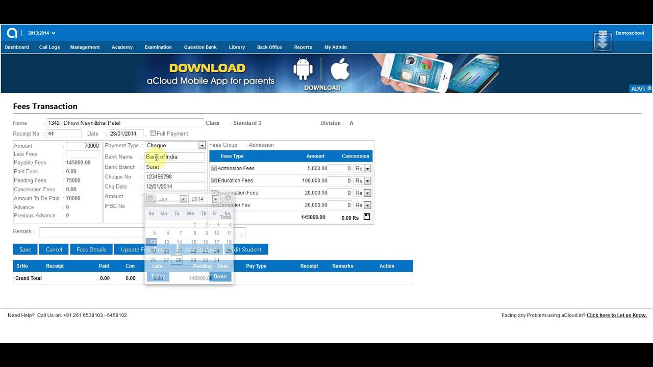 How to use Fees transaction in aCloud.in - YouTube