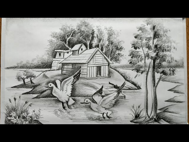 Landscape drawing in pencil | village scenery | Easy | Landscape pencil  drawings, Landscape drawings, Drawing scenery