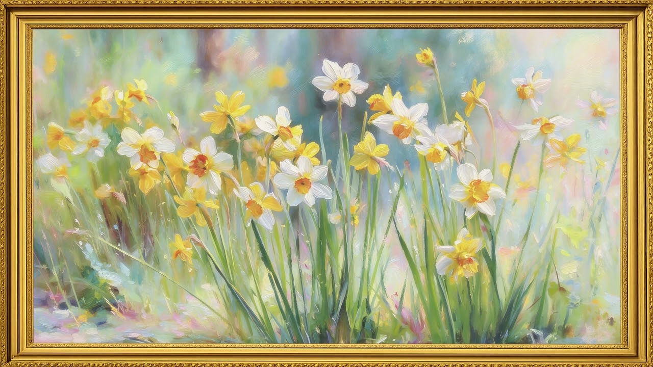 Dreamy Floral Spring Painting | Daffodil Art in Gold Frame | TV Screensaver