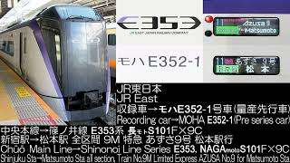 JR東日本 E353系 あずさ9号 38M列車 長モトS101F×9C全区間走行音 JR East Series E353 Ltd.Exp. AZUSA No.9 Running Sound