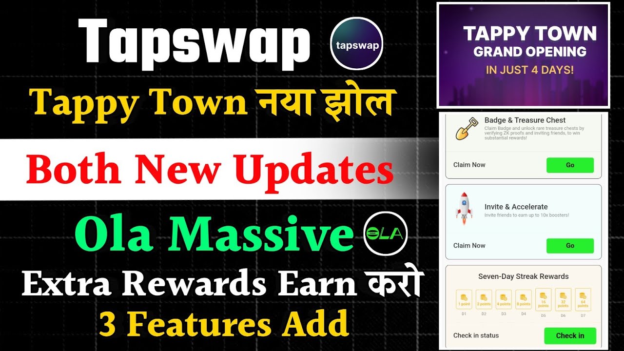 Tapswap Tappy Town New Game || Ola Massive Earn extra Rewards Daily || Ola Massive New Updates