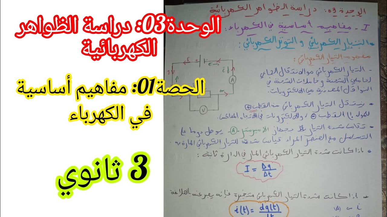 الوحدة03: دراسة الظواهر الكهربائية/الحصة01: مفاهيم أساسية في الكهرباء/للسنة 3 ثانوي
