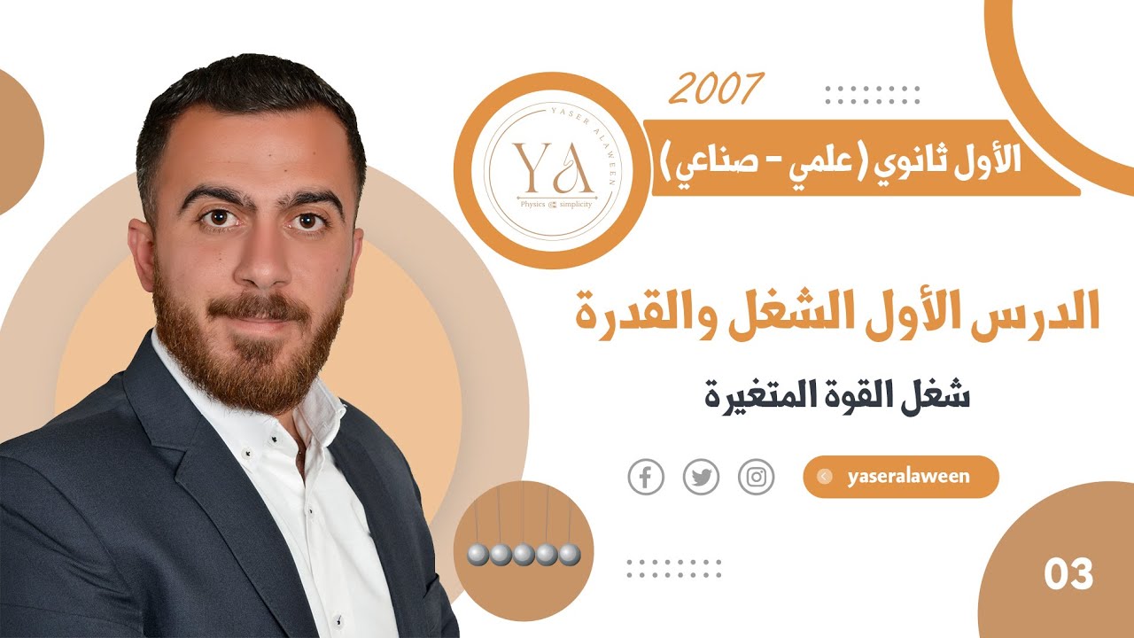 الشغل و القدرة|| شغل القوة المتغيرة || فيزياء أول ثانوي 2007 | الأستاذ ياسر العلاوين