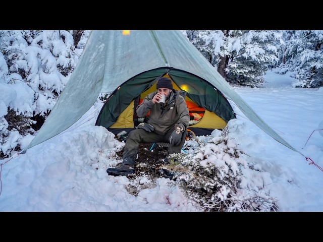 Winter CAMPING in Snow Storm - Rain Thunder Lightning class=