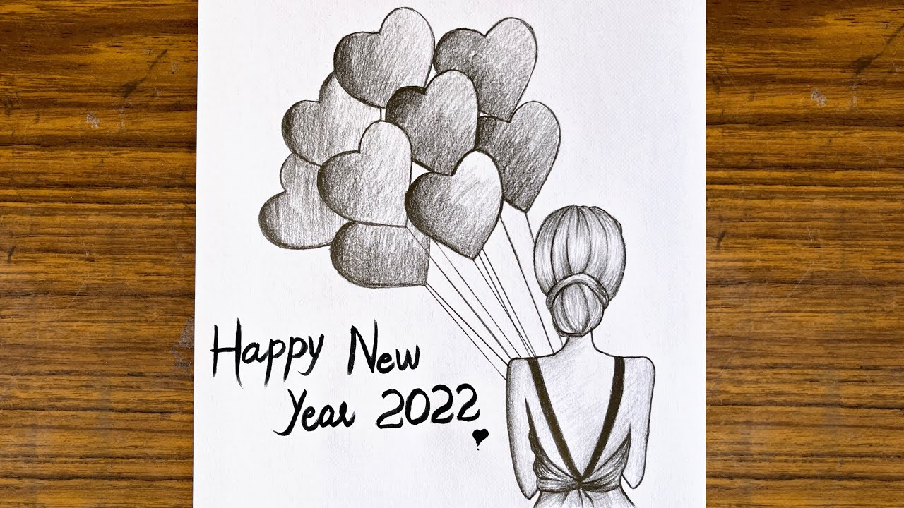 How to draw a girl with ballon || New year drawing 2022 || Girl drawing ...