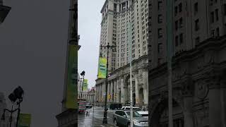 Foggy New York buildings near the Brooklyn Bridge