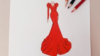 تصميم أزياء | طريقة رسم فستان سهل بالخطوات  للمبتدئين | how to draw a beautiful dress for beginners