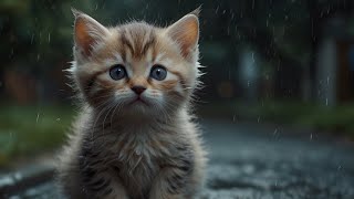 A cute kitten is getting rained on and feels cold  poor cute kitten