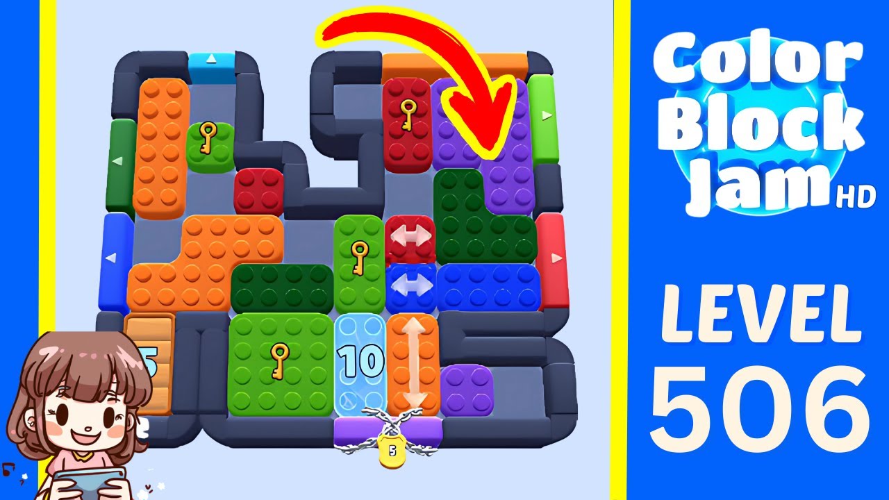 Color Block Jam Level 506 Level 506 board with a 1:40 timer, orange 5 countdown, chained cyan 10 countdown, and a bottom purple exit opening frame
