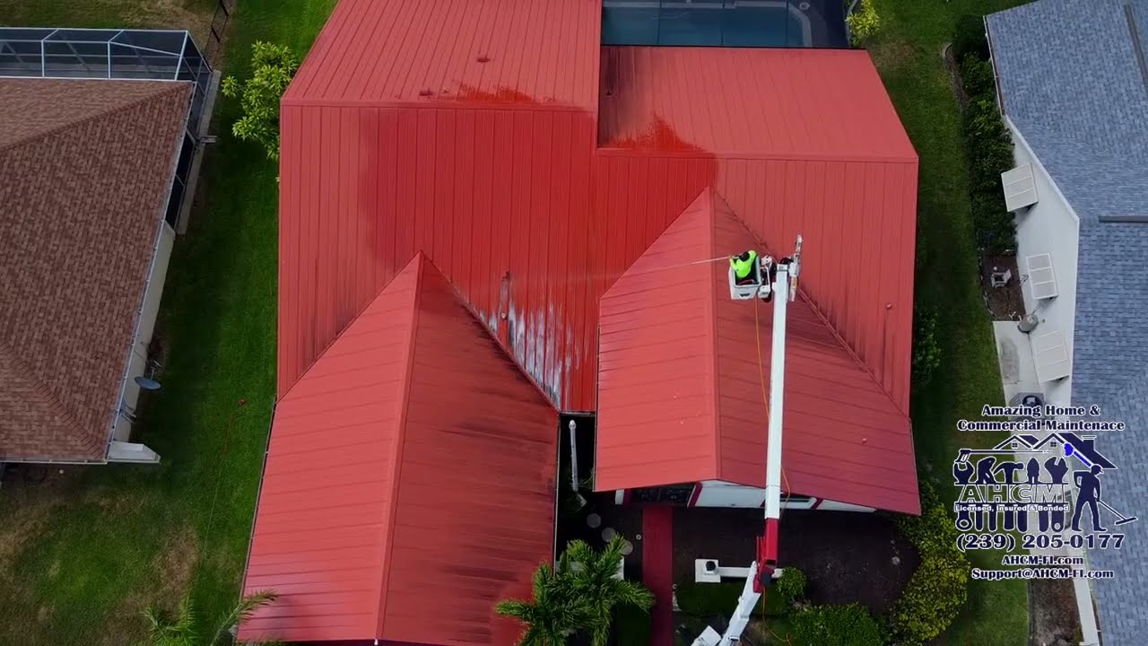 Metal Roof Cleaning using soft wash method and our bucket truck in Cape Coral Fl 