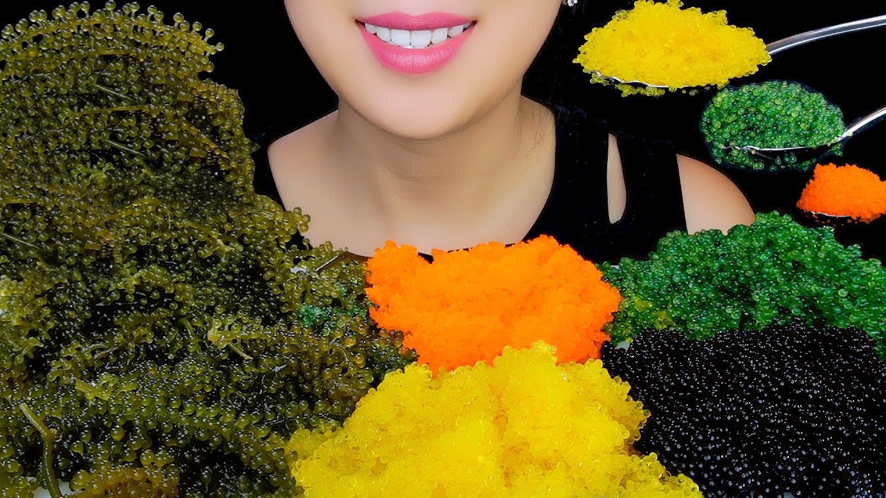ASMR RAW SEA GRAPES PLATTER + YELLOW, GREEN, BLACK TOBIKO EGGS | ASMR EATING SOUNDS  | TracyN ASMR