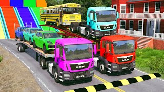 TRANSPORTING PIXAR CARS & FRUITS WITH COLORED & JOHN DEERE vs CLAAS vs TRACTORS - BeamNG.drive #501