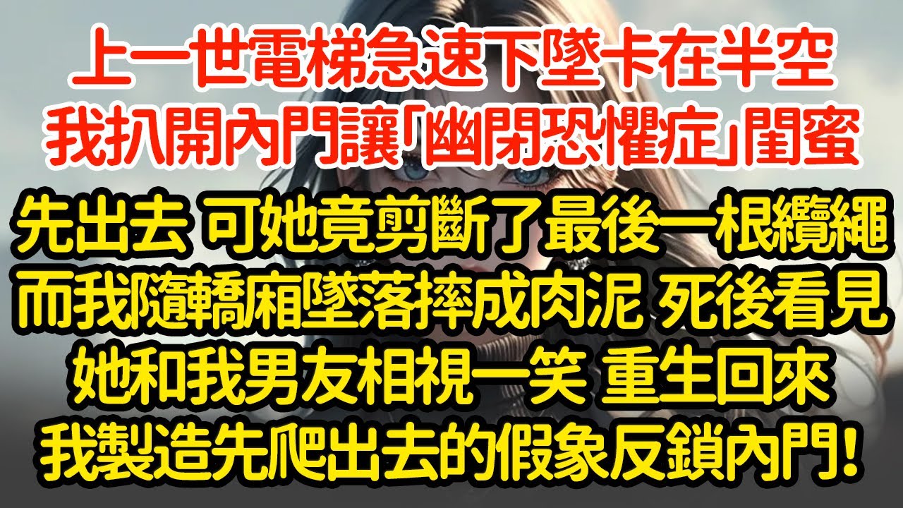 上一世電梯急速下墜卡在半空，我扒開內門讓「幽閉恐懼症」閨蜜先出去  可她竟剪斷了最後一根纜繩而我隨轎廂墜落摔成肉泥  死後看見她和我男友相視一笑  重生回來我製造先爬出去的假象反鎖內門！"