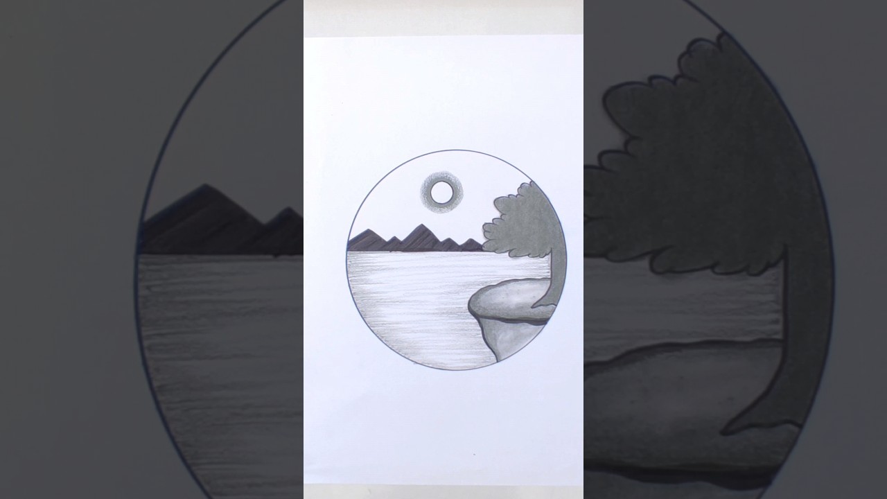 Easy tree drawing on lake side || 