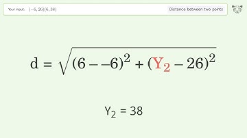 Find the distance between two points p1 (-6,26) and p2 (6,38): Step-by-Step Video Solution