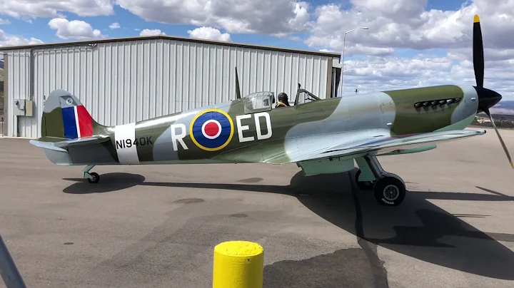 Robert DeFord's Mk IX Spitfire replica departing C...