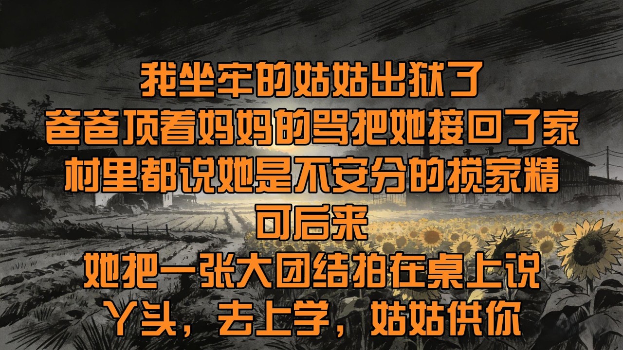 【40分鐘看完一篇完結爽文】十九年前，我坐牢的姑姑出獄了。爸爸頂着媽媽的罵，把她接回了家。村裏都說她是不安分的攪家精。可後來，她把一張大團結拍在桌上說：丫頭，去上學，姑姑供你……