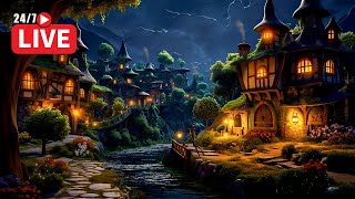 Live 24/7 Tranquil Medieval Village Night: Serene River, Frogs, Crickets Ambience for Sleeping