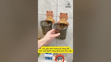 Cốc gấu dán tường đa năng để bàn chải đánh răng tặng kèm keo dán, có lỗ thoát nước tiện lợi #decor