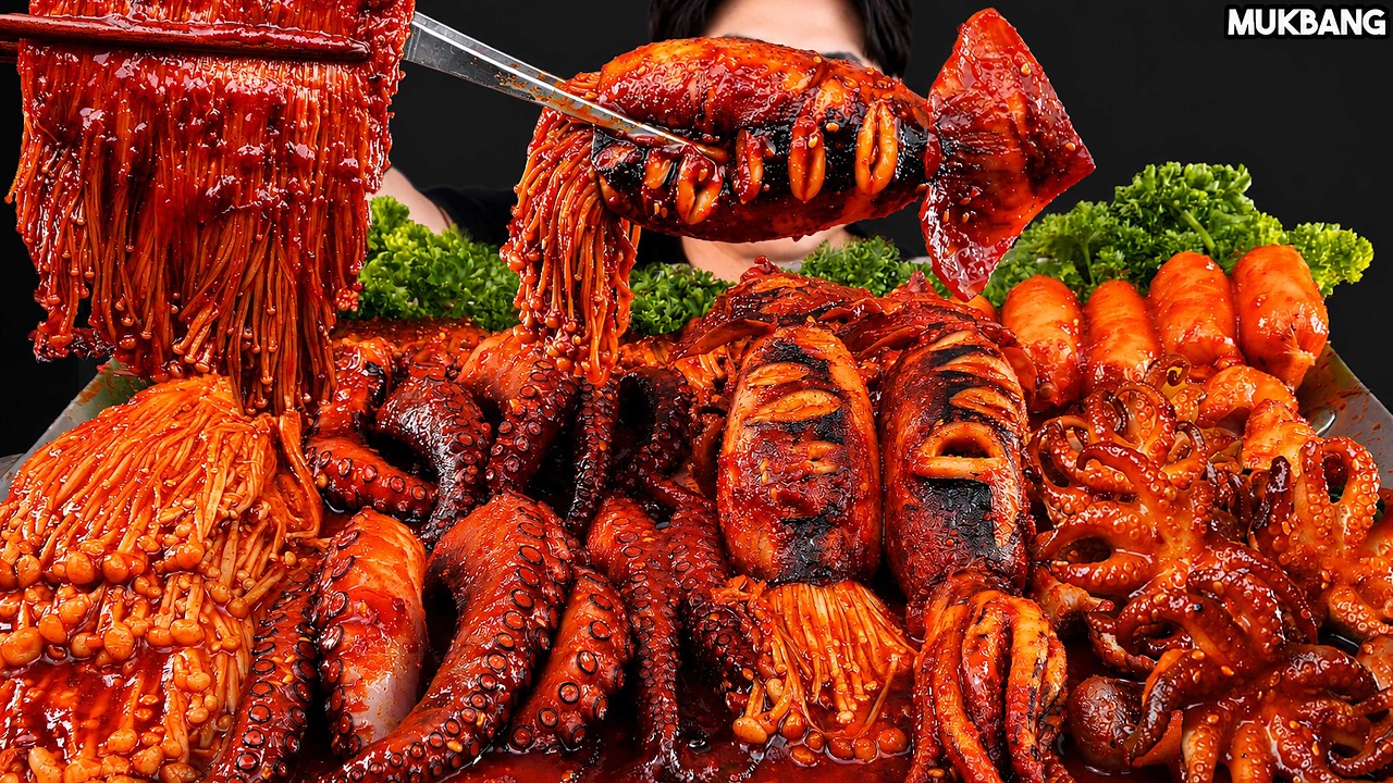 ASMR MUKBANG | Spicy Seafood Boil 🐙🦑 Enoki Mushrooms, Squid, Octopus, Sausage EATING SOUND
