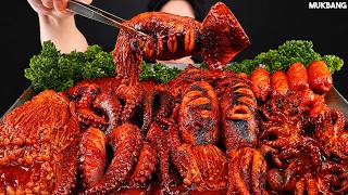 ASMR MUKBANG | Spicy Seafood Boil 🐙🦑 Enoki Mushrooms, Squid, Octopus, Sausage EATING SOUND
