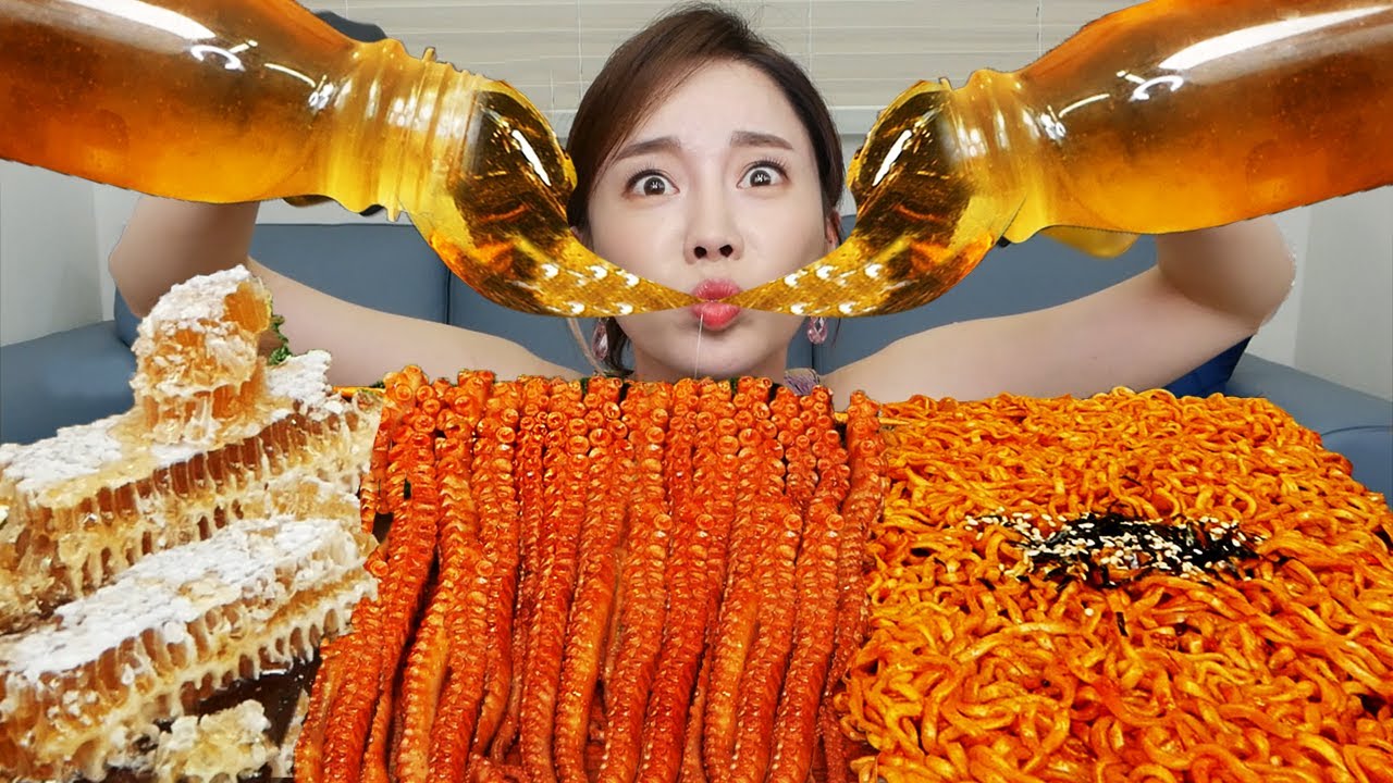 [Mukbang ASMR] 불닭 🔥 산낙지 구이 & 요즘 유행하는 꿀젤리 만들기 🍯 Frozen Honey Jelly Trend