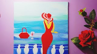 How to Draw a Girl in Red Hat Acrylic Painting For Beginners  | Girl In Red Dress Acrylic Painting