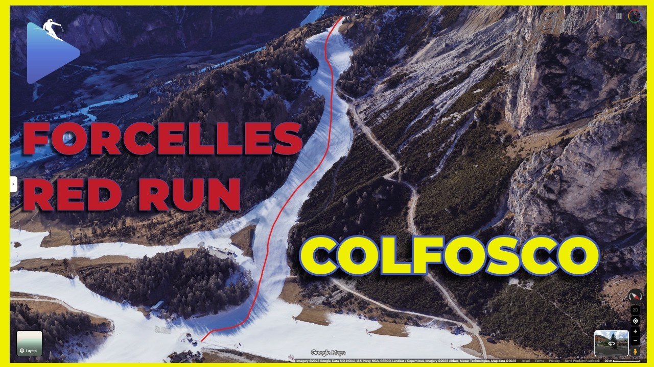 Вид с красной трассы Forcelles 🎿 Кольфоско Альта Бадия | Склон № 50 + 3D-карта | Италия 4K | Виде...