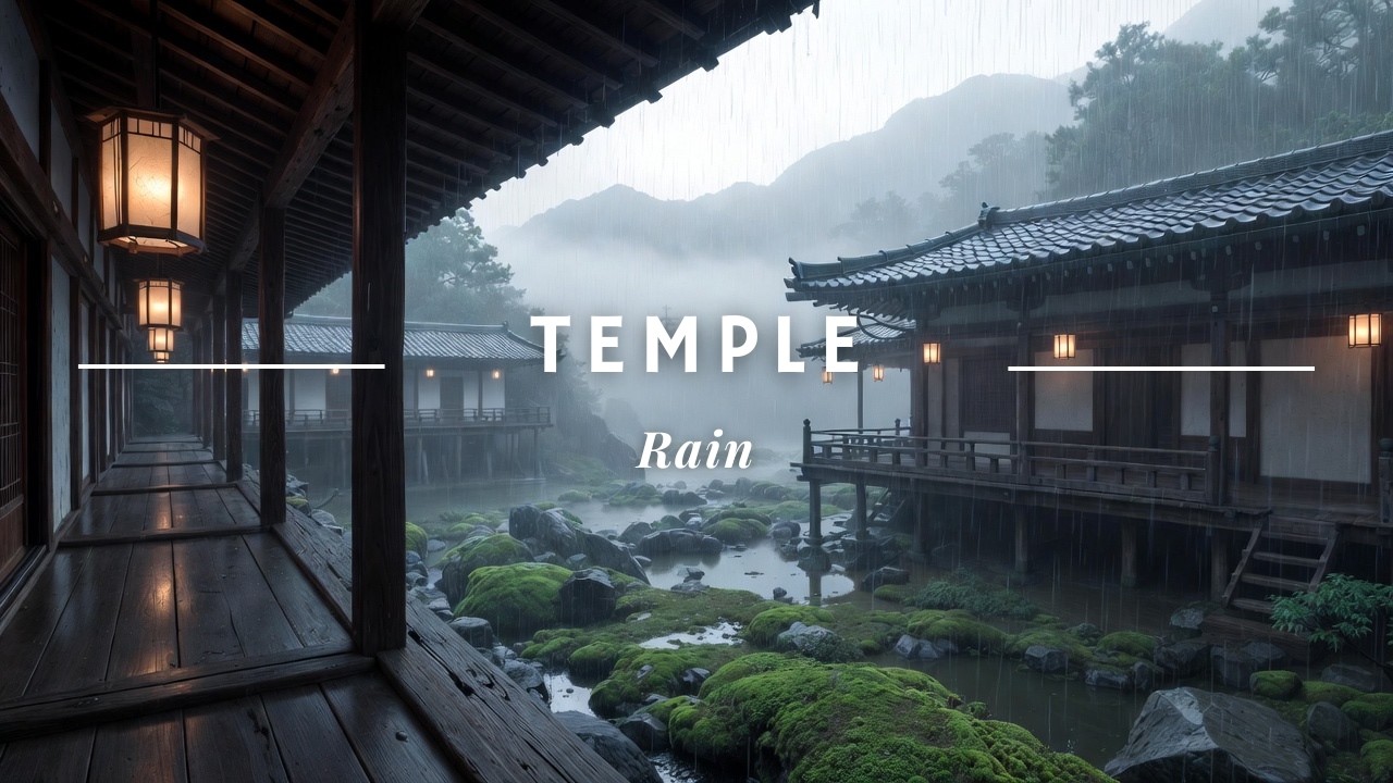8 Hours of Rain at a Japanese Temple Veranda 🌧️ Zen Garden & Foggy Mountains