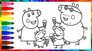 How to draw Peppa Pig Family Eating Icecream/Easy Drawing Painting Coloring Peppa Pig And Her Family