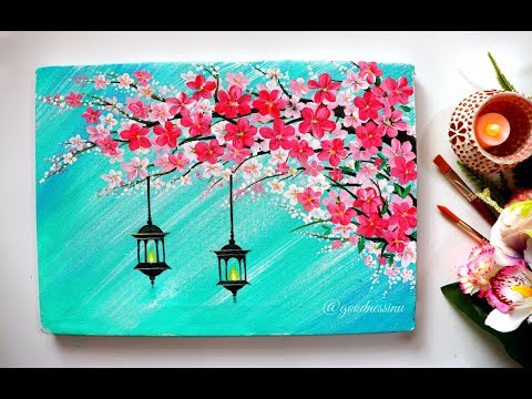 Easy Cherry Blossom Flowers With Hangings Lamps Painting Diwali