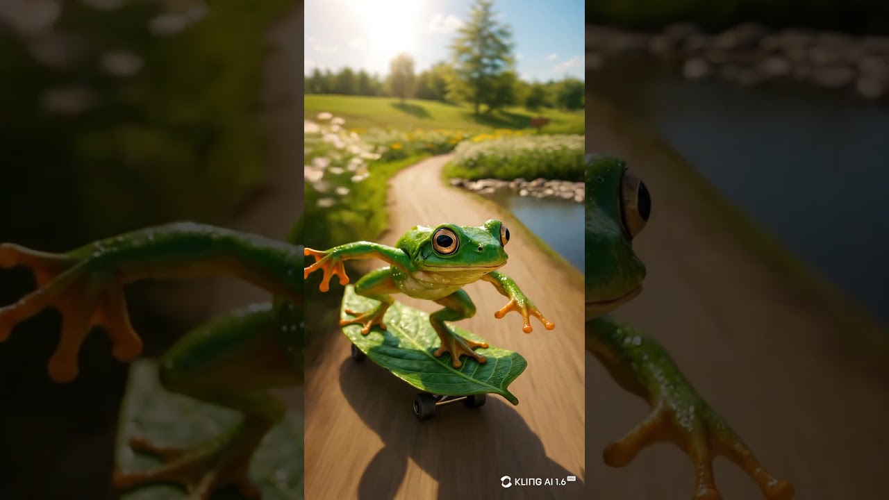 Green frog riding a Skateboard