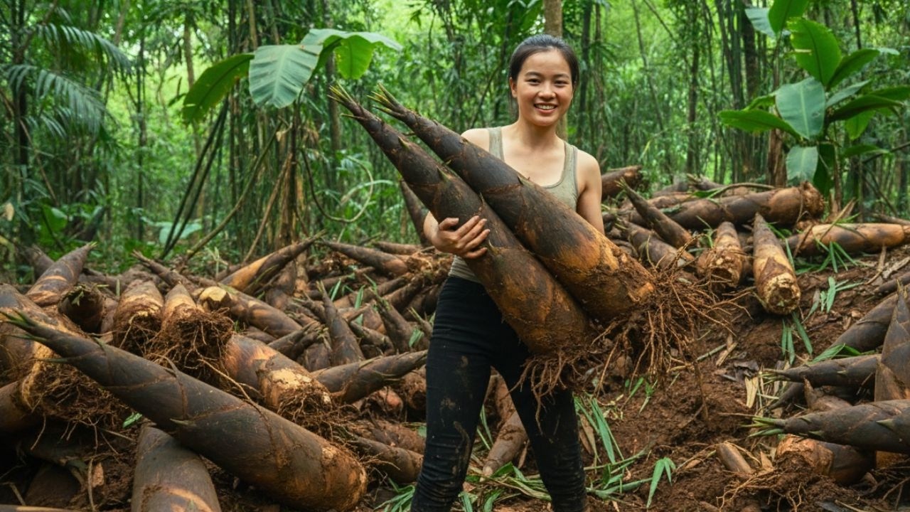 Harvesting 500+ kg of Wild Bamboo Shoots with My Daughter for the Market |  Peaceful Rural Life