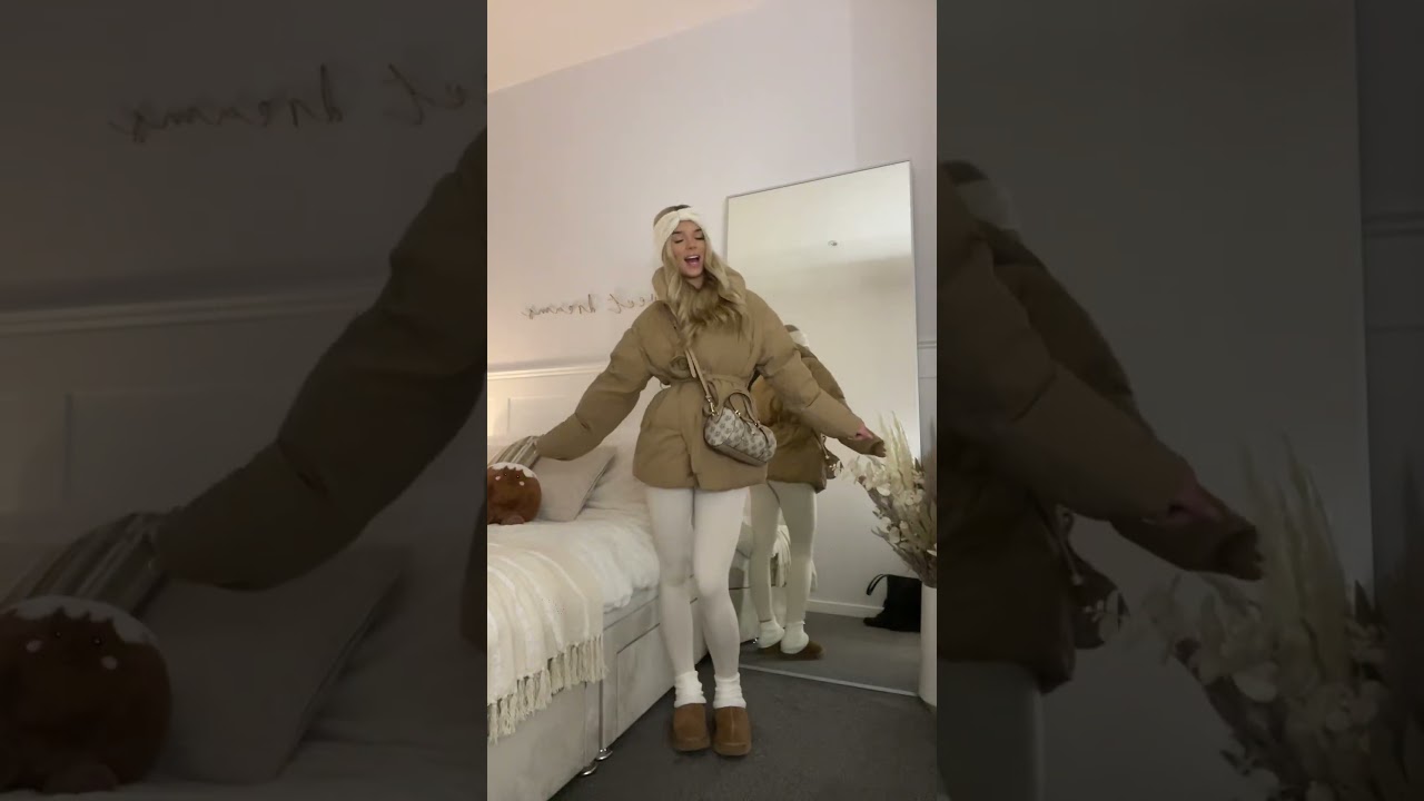 Cozy Winter Outfit Idea: Tan Puffer Jacket and White Leggings