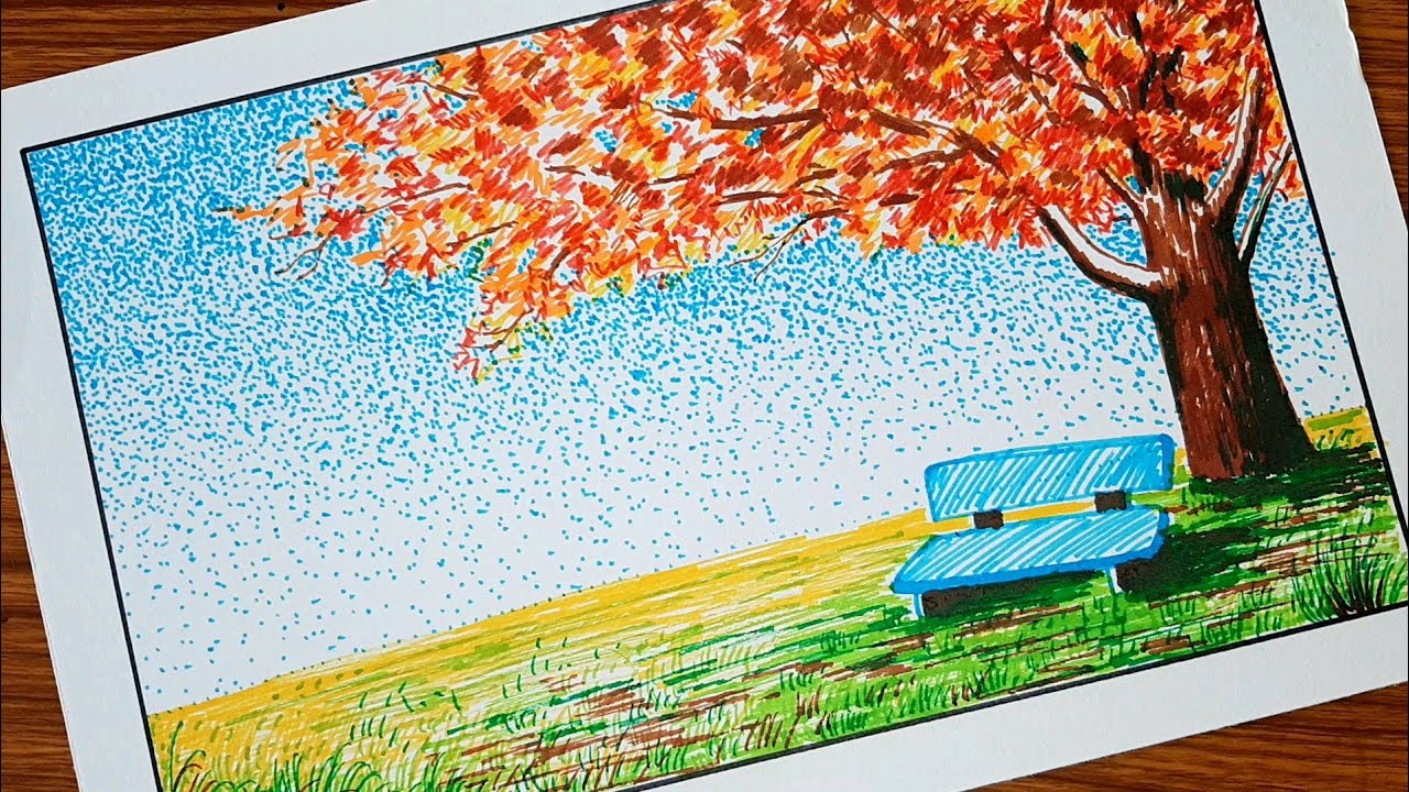 Beautiful Scenery Drawing With Sketch Pen For Beginners, Colouring Sketch  Pen Drawing Tutorial