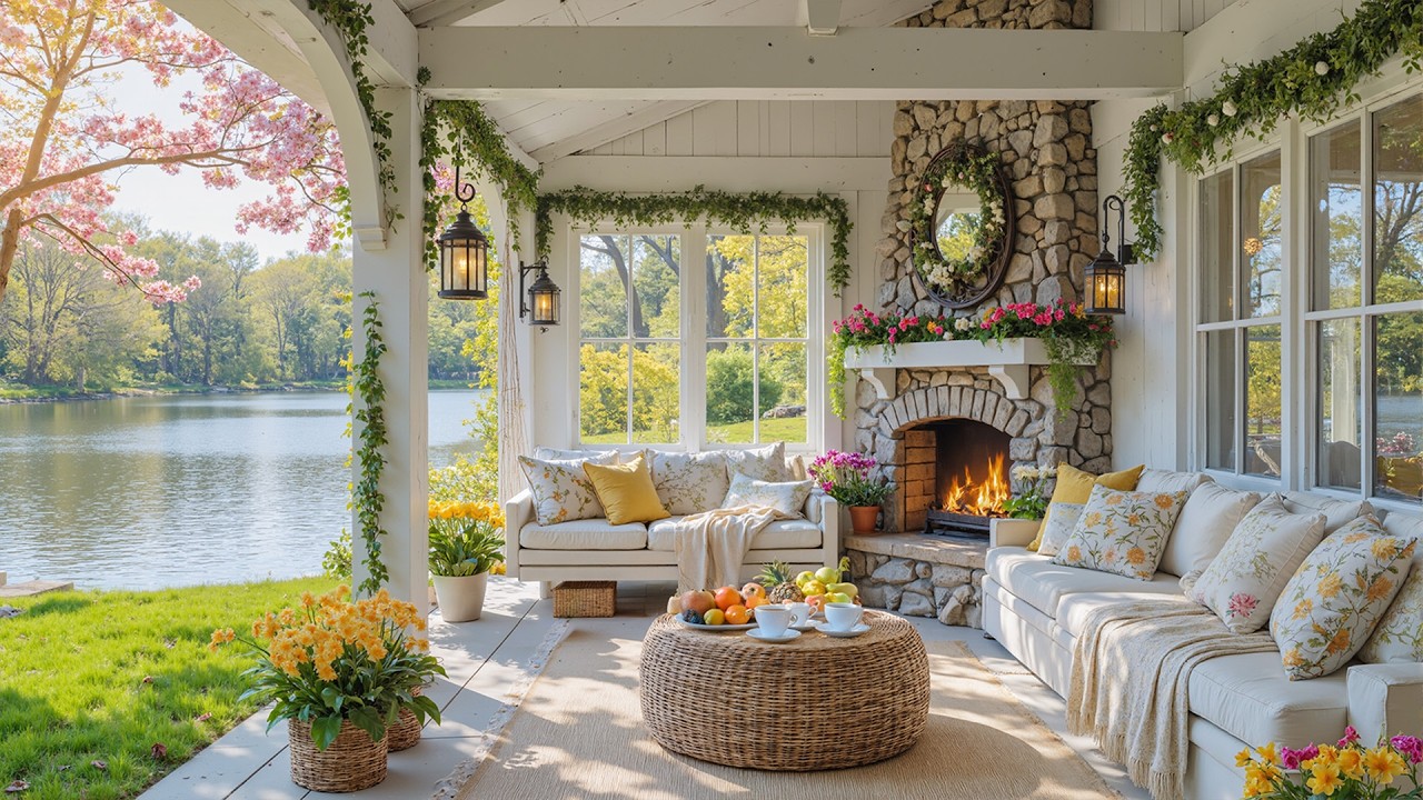 Cozy Spring Ambience 🌺 Relaxing Piano Music & Crackling Fireplace Sounds for Work