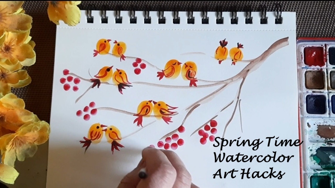 Spring season watercolor painting tutorial | Cotton bud and fingerprint art hacks ideas