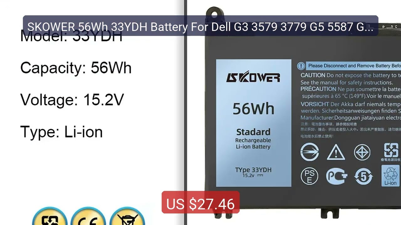 Batteria 33YDH Per Dell G5 5587, G7 7588, Latitude 3380 E Altri | 56 Wh, 4 Celle, 15,2V