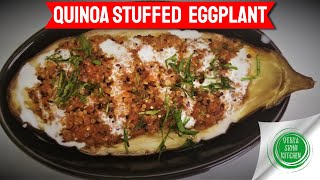 Quinoa Stuffed Eggplant | Quinoa and veggie stuffed eggplant boats recipe | Baked Stuffed eggplant