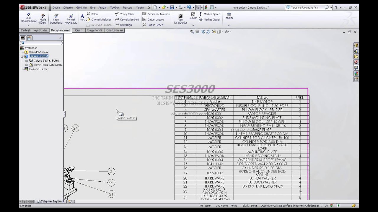 SolidWokrs Malzeme listesi  çıkartmak düzenlemek
