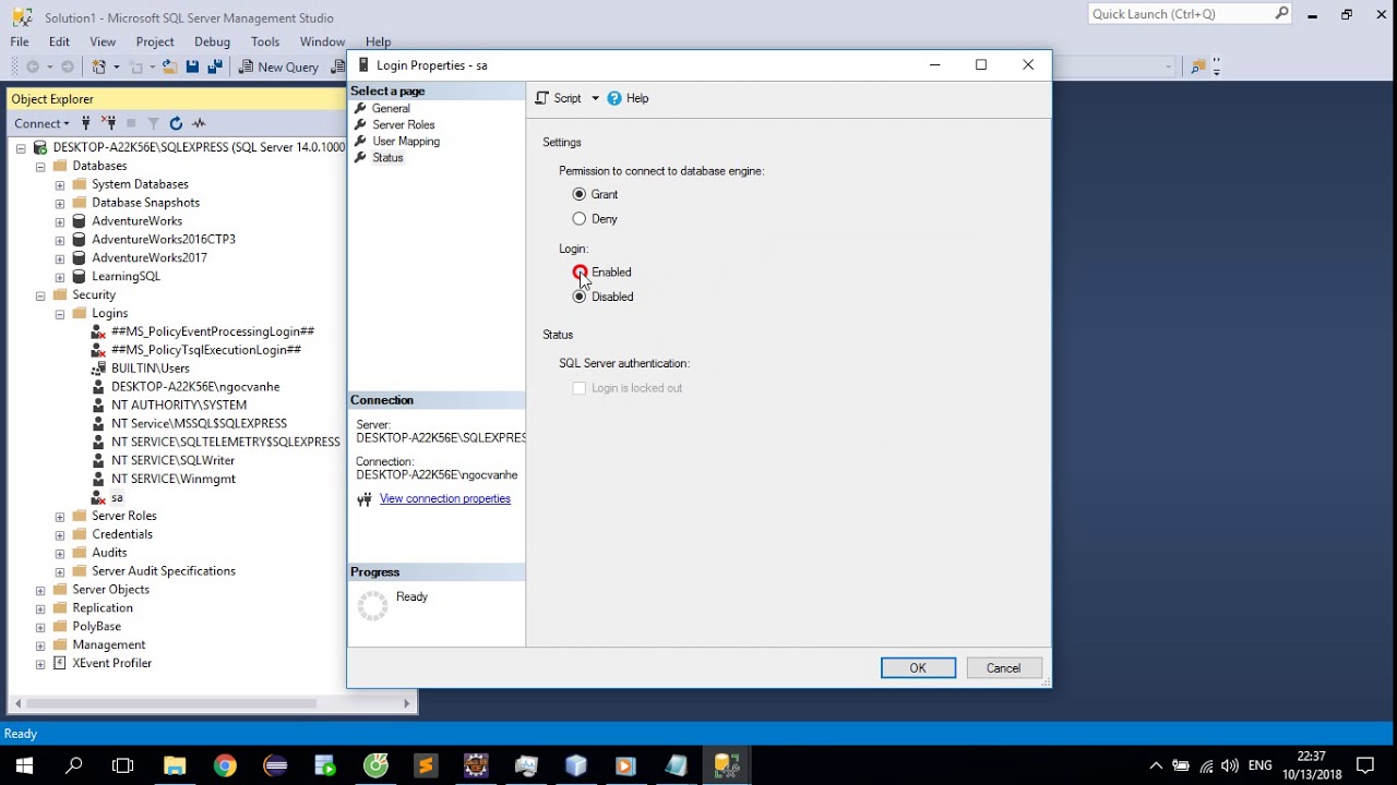 Lấy lại mật khẩu SA trong SQL Server - Change SA... - youtube