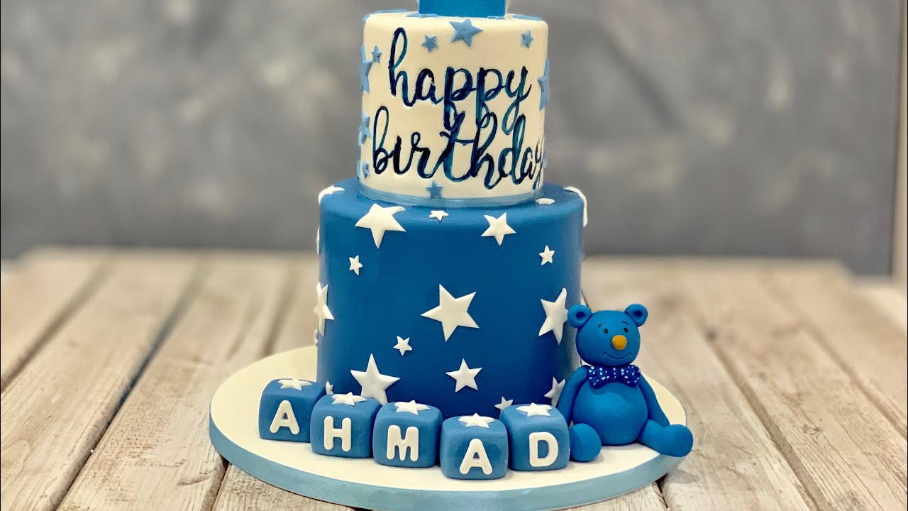 1st Birthday Cake | Blue Bear Cake | Star & Blocks Cake - YouTube